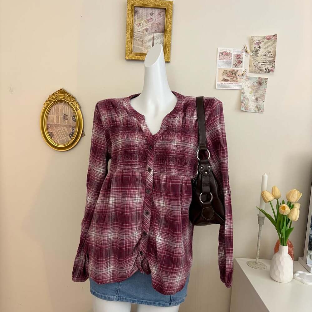 Knox Rose Plaid Blouse Size XL Burgundy Popover Top Long Sleeve Cotton